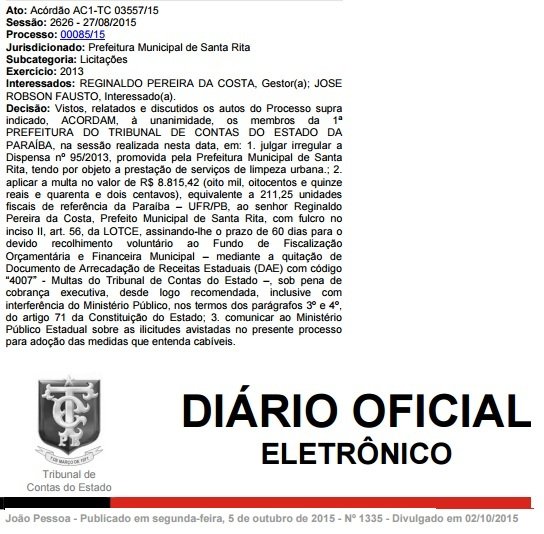 Tribunal de Contas condena Reginaldo Pereira por irregularidades em licitações 2 tc2