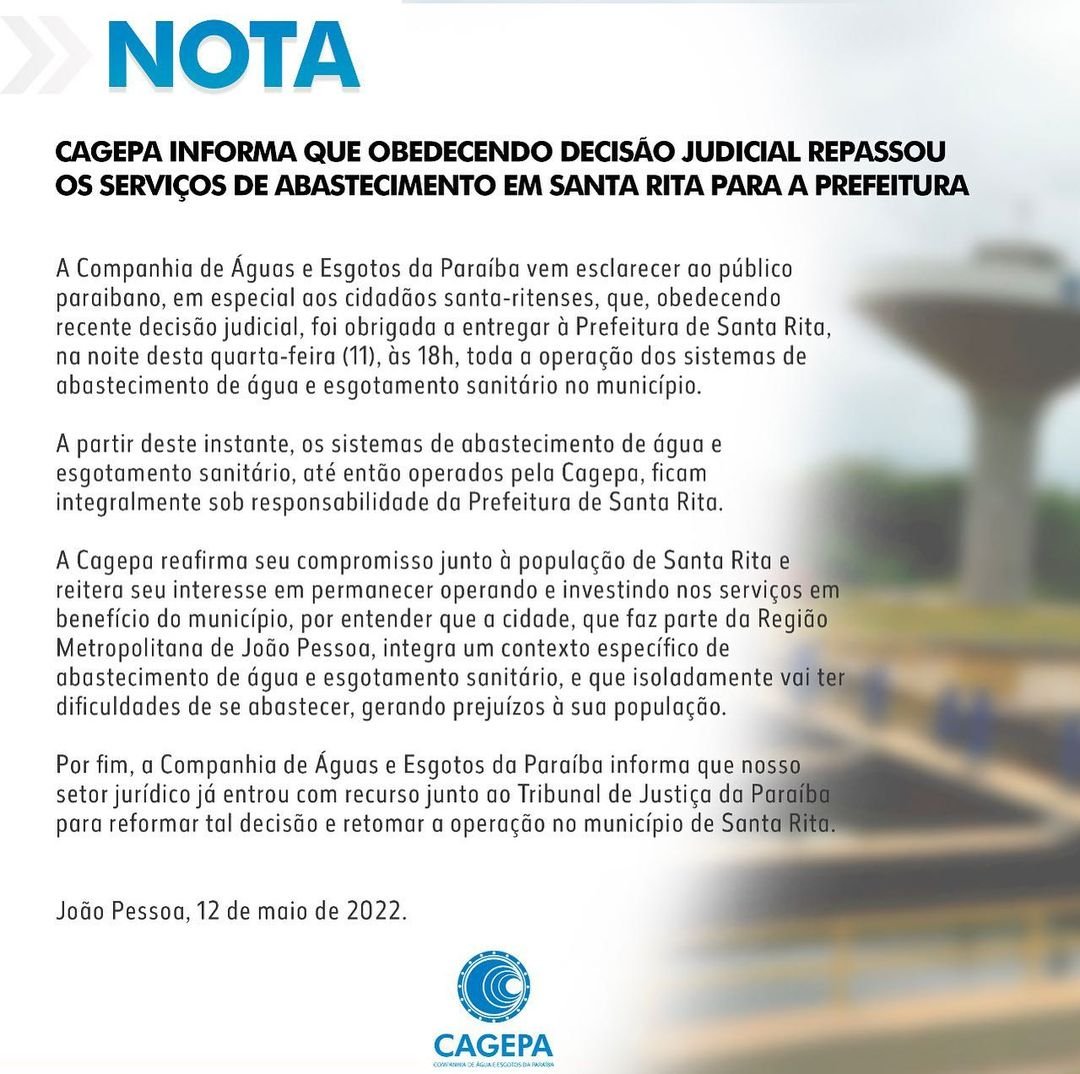 NOTA: Cagepa informa que obedecendo decisão judicial repassou os serviços de abastecimento em Santa Rita para a Prefeitura 2 cagepagovpb 543310621 p 2836582186133242556 1 p 2836582186133242556