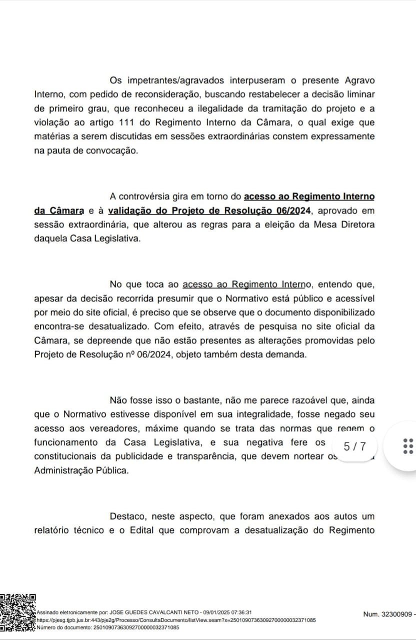 Justiça suspende alteração no regimento interno e destrava eleição na Câmara de Santa Rita 4 IMG 20250109 WA0285