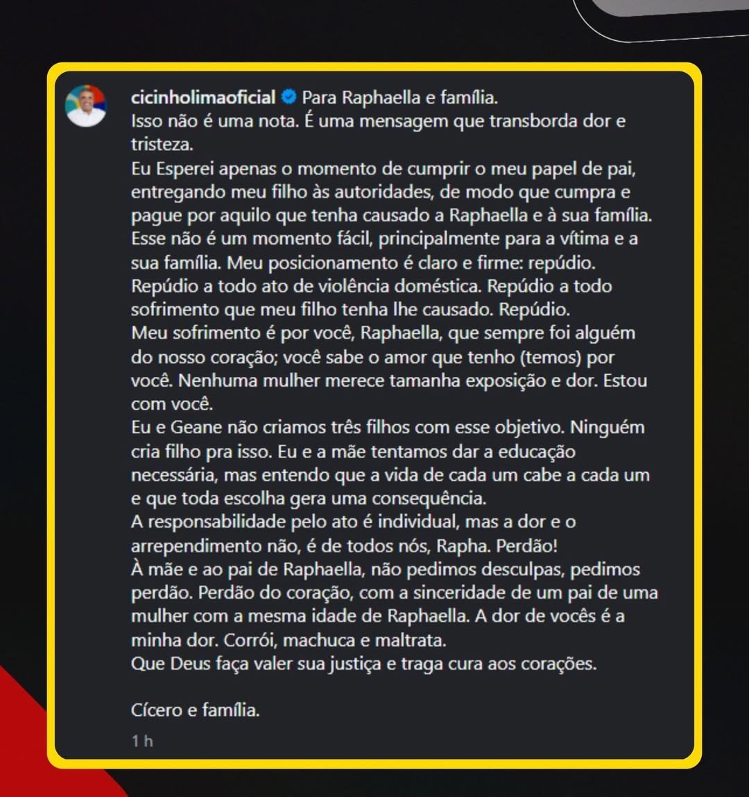 Após prisão de João Lima, Cicinho Lima emite mensagem direcionada a Raphaella e família: “Estou com você… ninguém cria filho para isso”