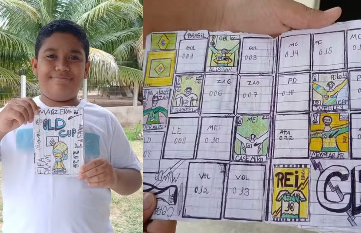 Sem dinheiro para figurinhas, criança paraibana cria próprio álbum da Copa