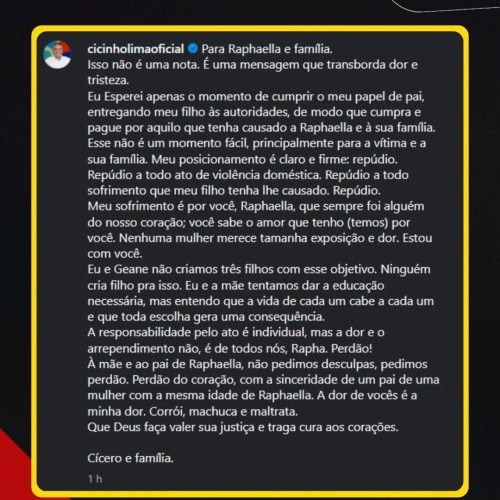 Após prisão de João Lima, Cicinho Lima emite mensagem direcionada a Raphaella e família: “Estou com você… ninguém cria filho para isso”