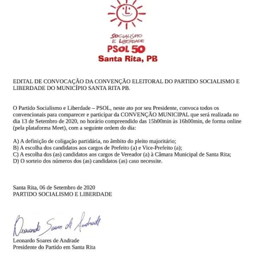 Psol convida simpatizantes e filiado para covenção online