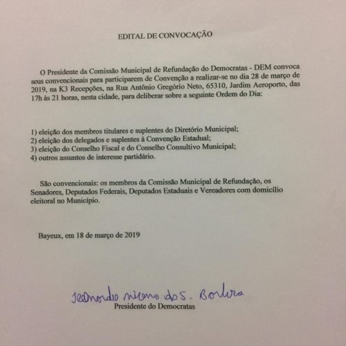 Democratas Bayeux realiza convenção no próximo dia 28; confira edital