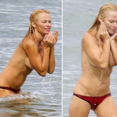 Aos 46 anos, Pamela Anderson exibe boa forma ao fazer topless na França