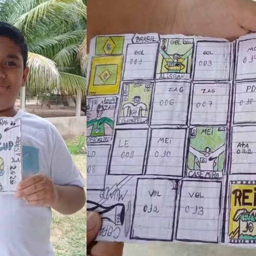 Sem dinheiro para figurinhas, criança paraibana cria próprio álbum da Copa