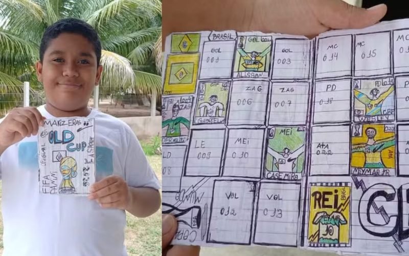 Sem dinheiro para figurinhas, criança paraibana cria próprio álbum da Copa