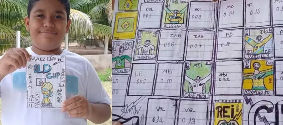 Sem dinheiro para figurinhas, criança paraibana cria próprio álbum da Copa